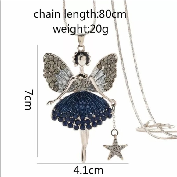 NEW. Silver Tone Fairy Girl & Blue Rhinestones long Necklace. - Picture 4 of 8